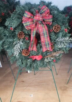 Cemetery Artificial 20" Pine Wreath, Cones, Berries, Plaid Bow On Stand