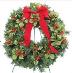 Cemetery Artificial 18" Pine Wreath Holly Berries On Stand